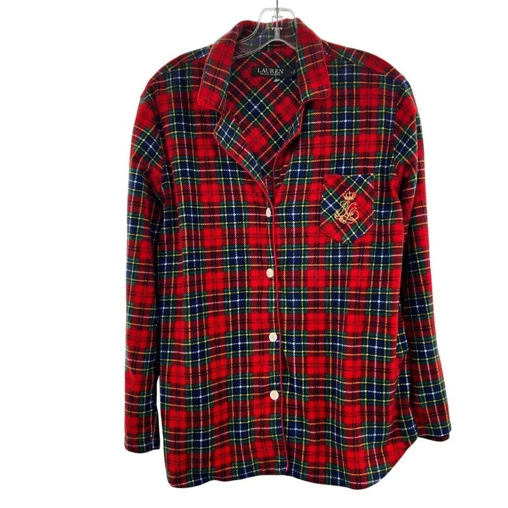 Lauren Ralph Lauren Women's Plaid Fleece Button Up Pajama Top Size Large